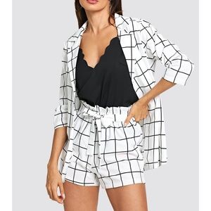 White Black Plaid Blazer and Bow Shorts Coord Set